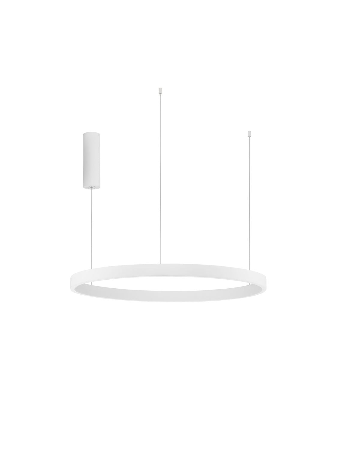Suspension annulaire blanche vue de face sur fond blanc, trois câbles fins