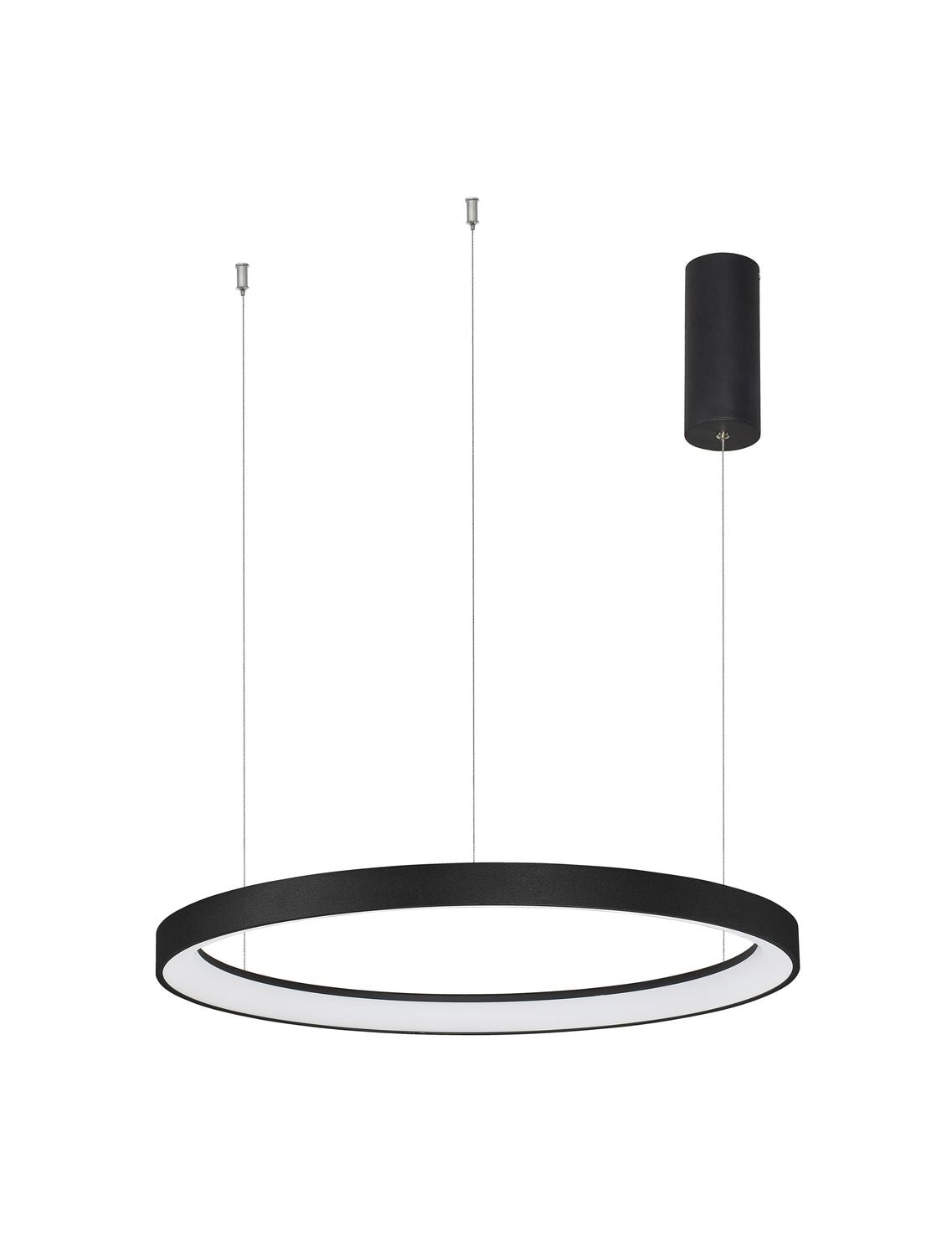 Vue de face du luminaire sur fond blanc, anneau noir et câbles fins