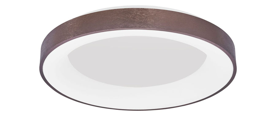 Vue de face du plafonnier rond à contour marron et diffuseur blanc