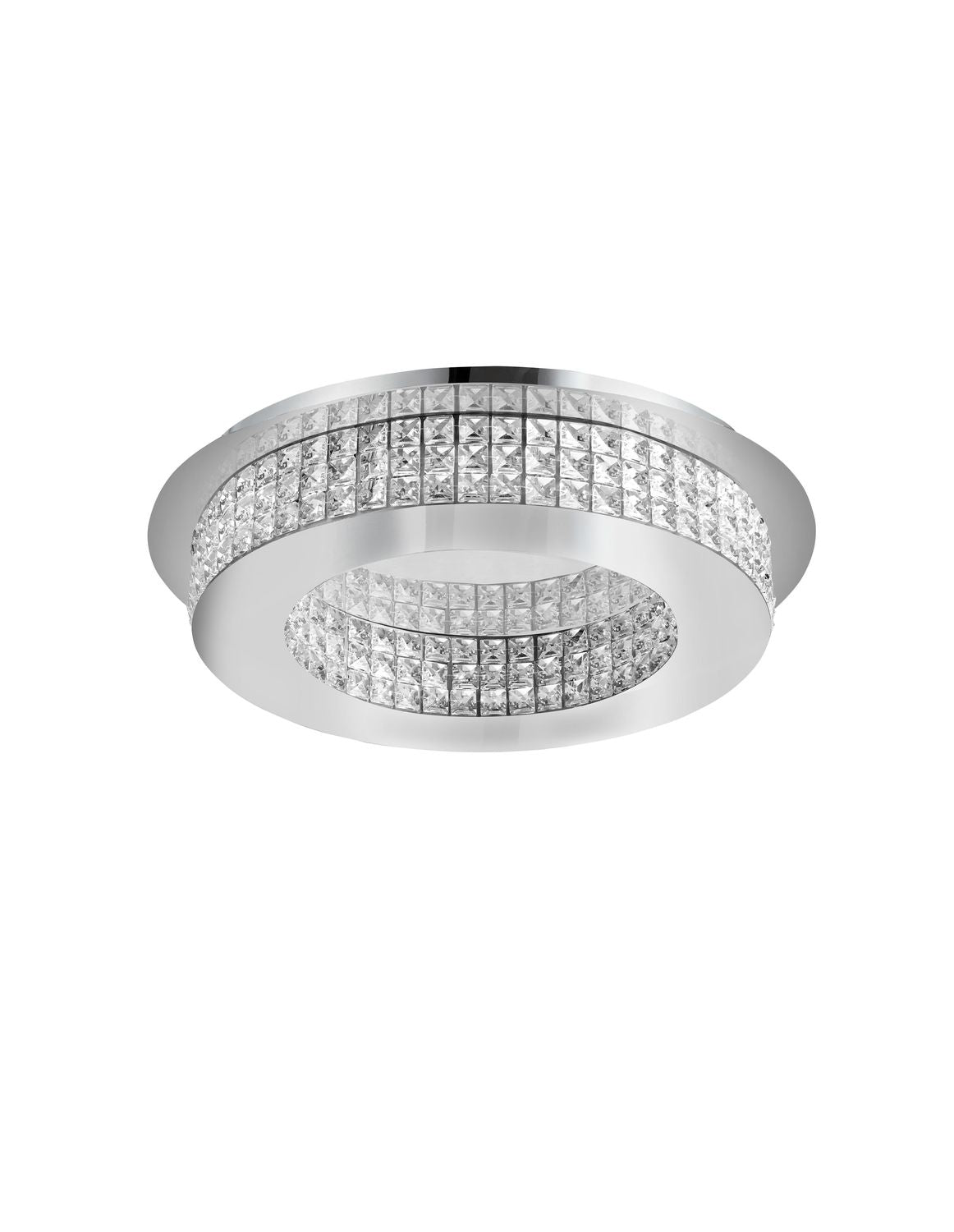 Plafonnier rond en chrome avec deux anneaux de cristaux taillés, vue de face trois quarts