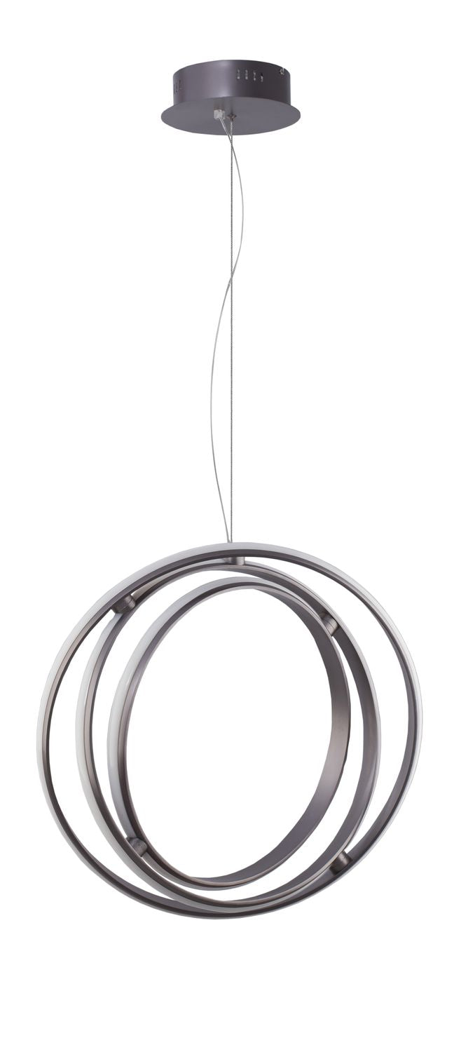 Présentation du luminaire seul, montrant les cercles métalliques entrelacés et la rosace de plafond.