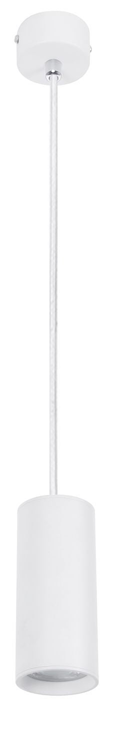 Vue verticale de la suspension blanche, câble fin et abat-jour cylindrique.