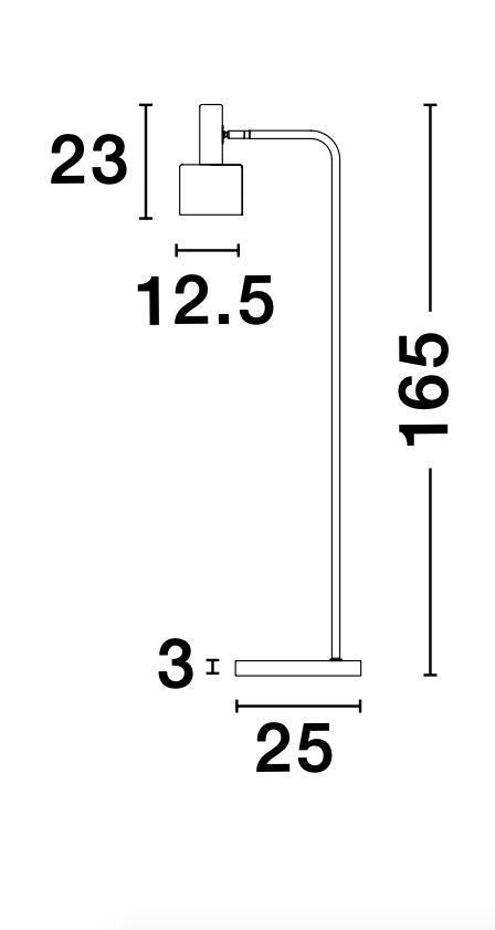 Schéma coté du lampadaire avec hauteur 165 cm, base 25 cm et diffuseur 12,5 cm.
