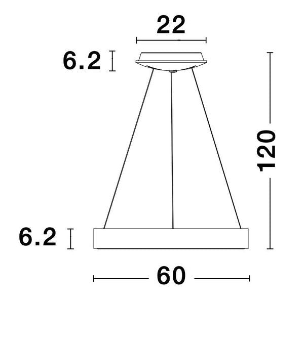 Schéma technique coté du luminaire avec diamètre et hauteur de suspension