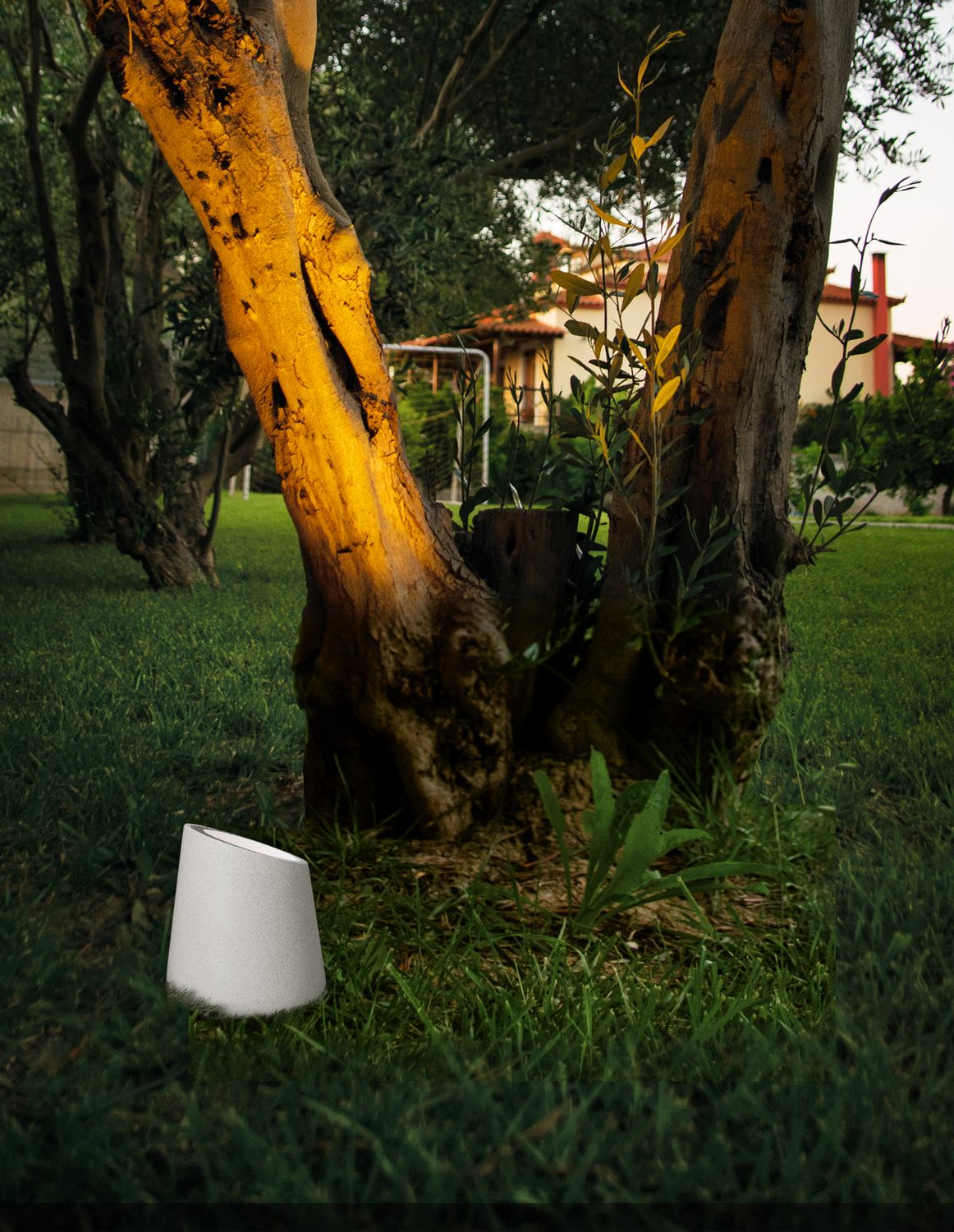 Borne blanche installée dans l'herbe au pied d'un arbre devant une maison