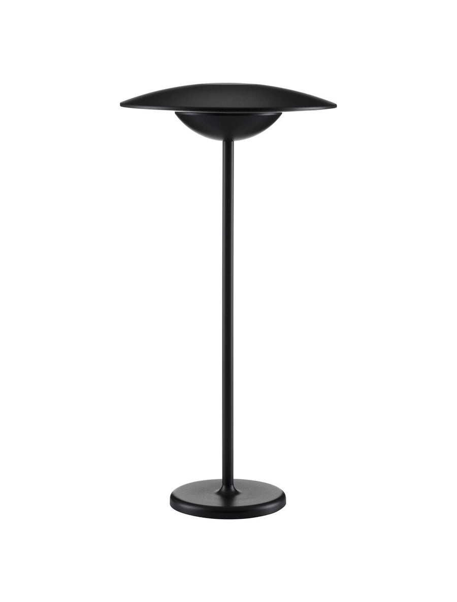 Vue de face du luminaire noir sur fond blanc, silhouette et tige fine