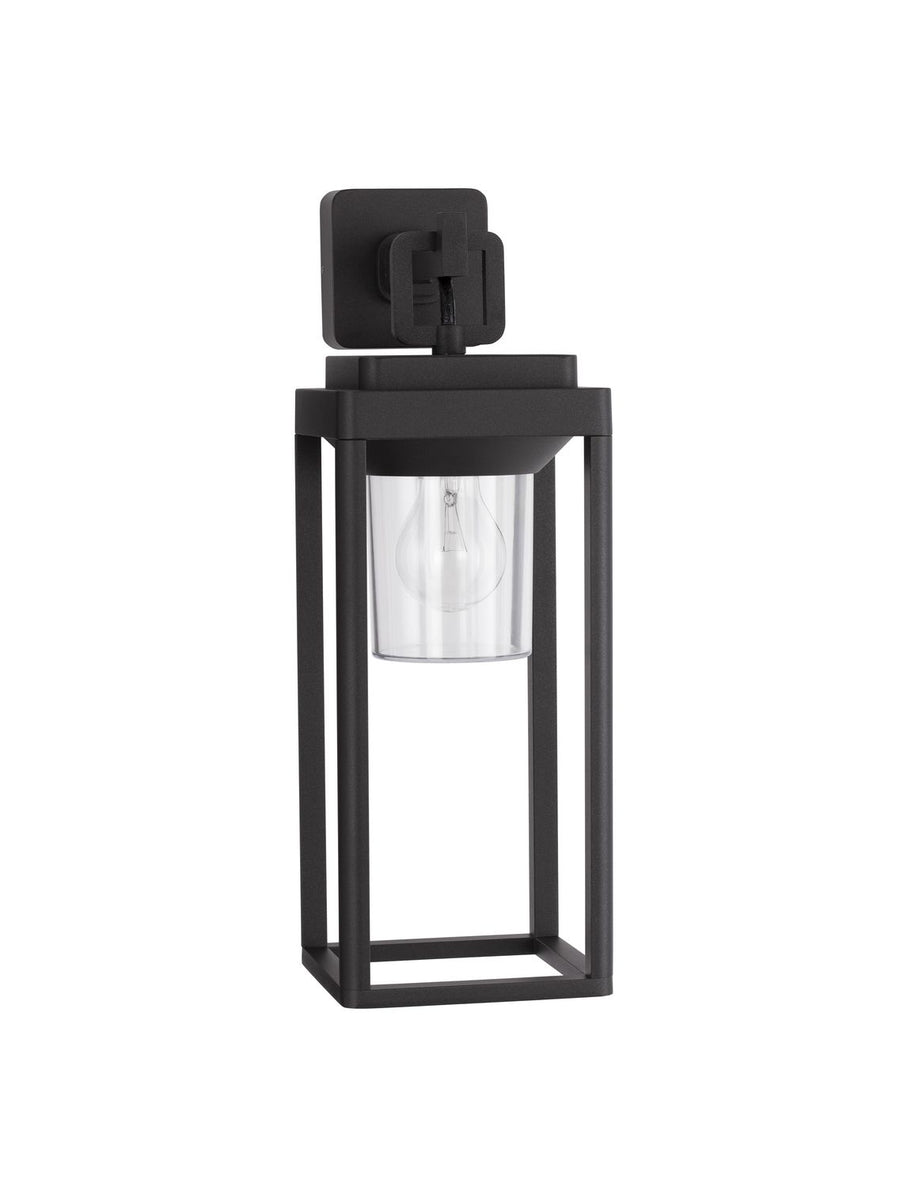 Vue de face de l'applique noire avec sa lanterne rectangulaire et son verre cylindrique