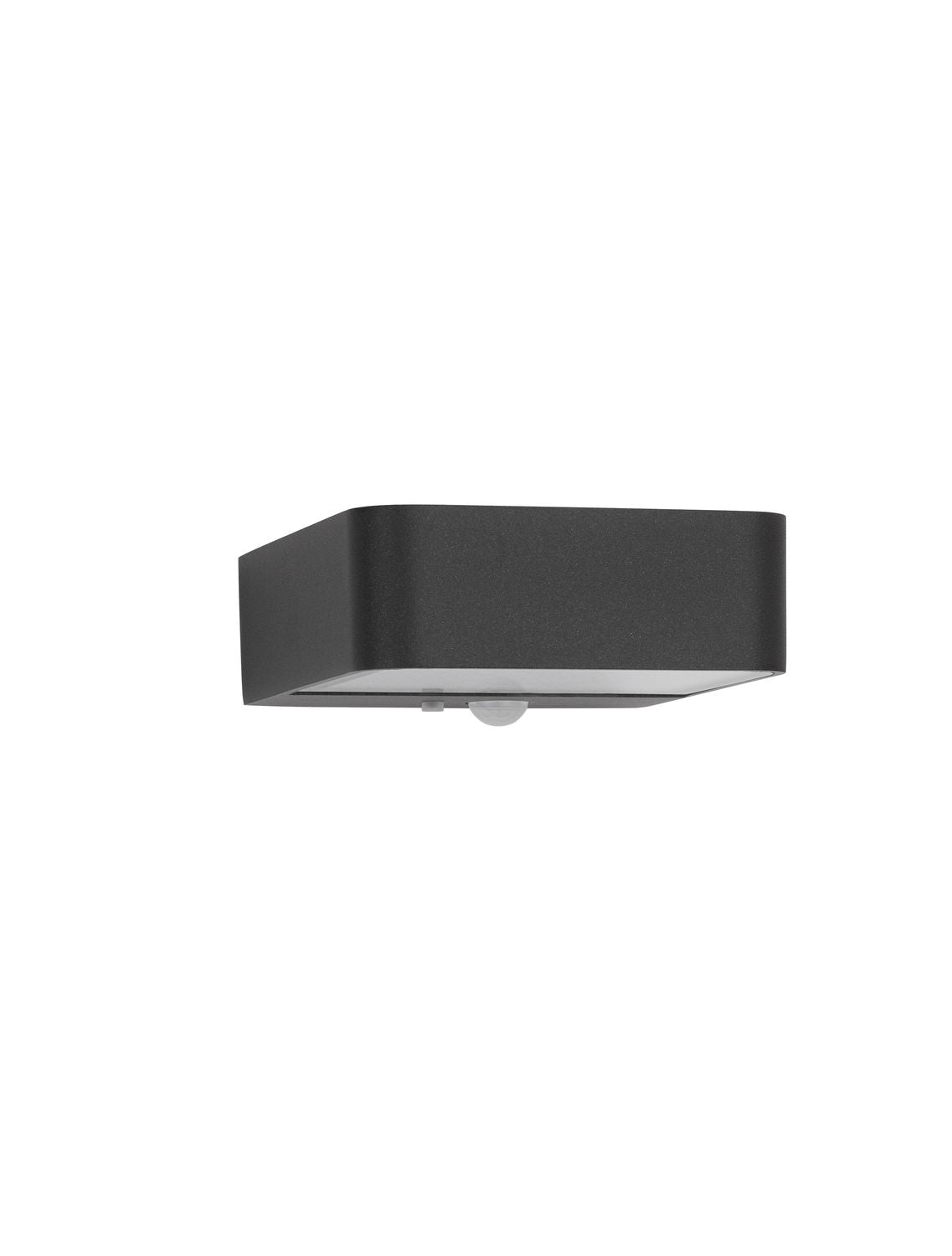 Boîtier rectangulaire anthracite vu de face sur fond blanc, avec détecteur