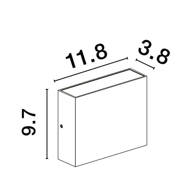 Schéma de dimensions du boîtier mural indiquant 11,8 cm par 9,7 cm par 3,8 cm.