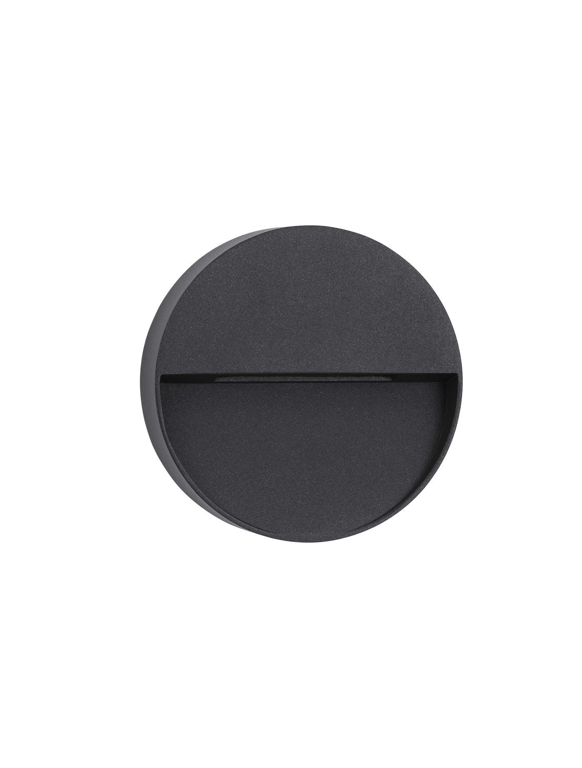 Vue de face du luminaire rond anthracite avec fente horizontale, sur fond blanc.