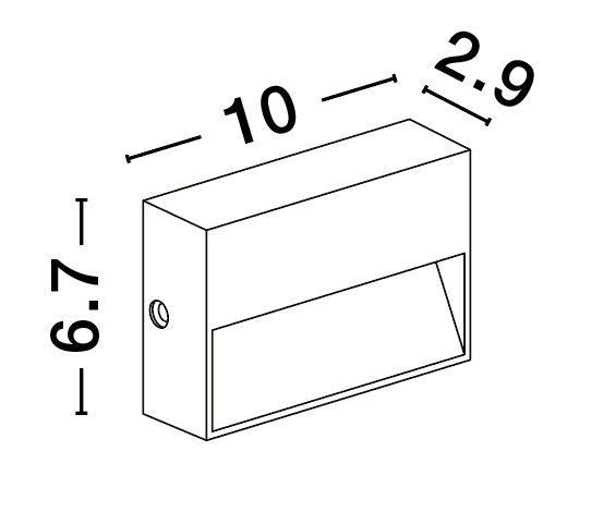 Schéma technique coté du luminaire : largeur 10, hauteur 6,7 et profondeur 2,9 cm.