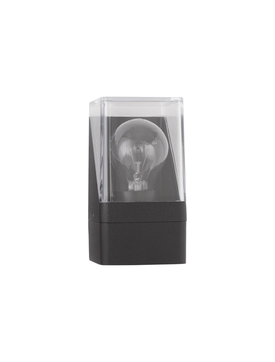 Vue de face du produit, socle anthracite et diffuseur transparent avec ampoule apparente