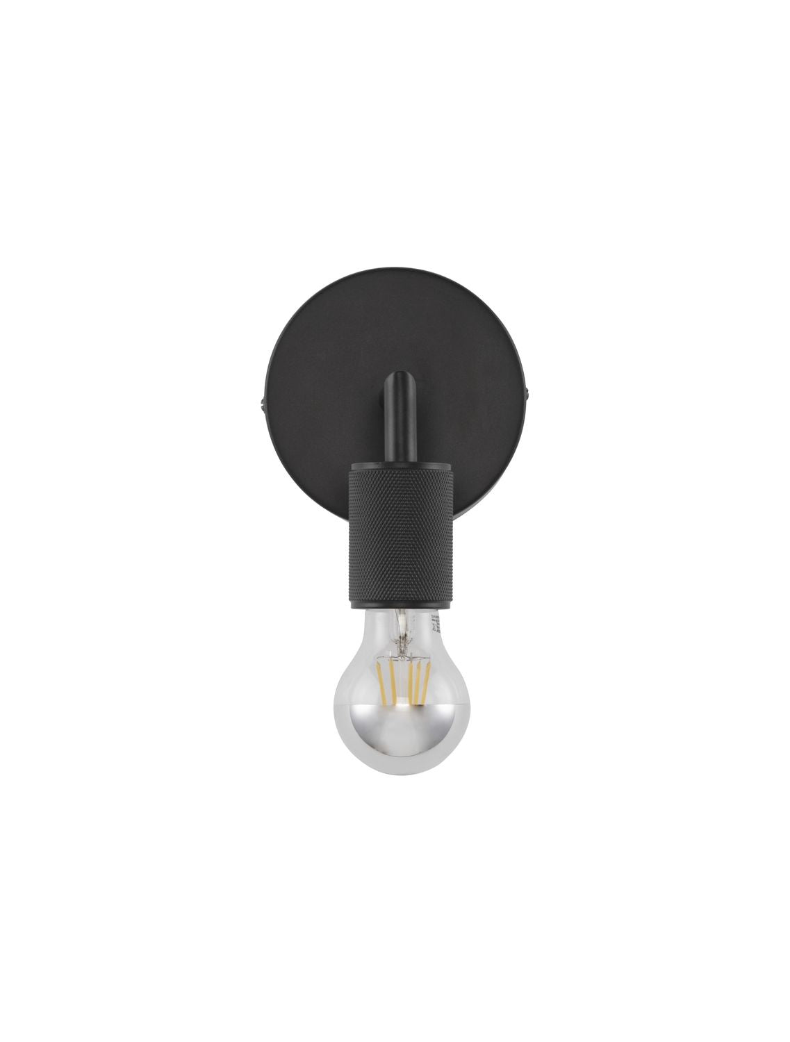 Vue de face sur fond blanc, applique noire avec ampoule LED transparente allumée.