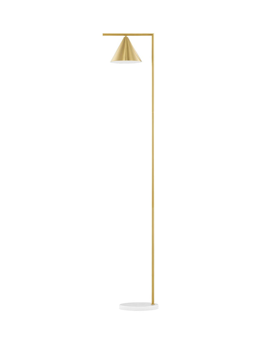 Produit de face sur fond blanc, structure dorée et socle rond en marbre