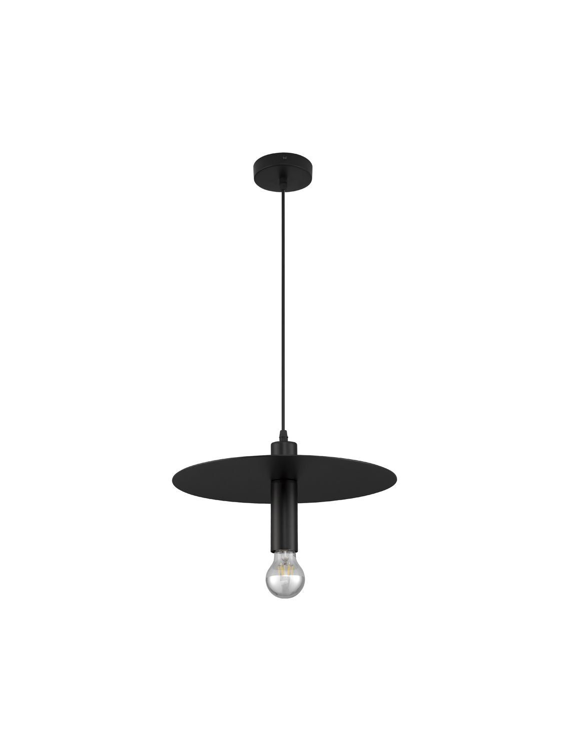 Vue de face sur fond blanc du luminaire avec câble, rosace et ampoule