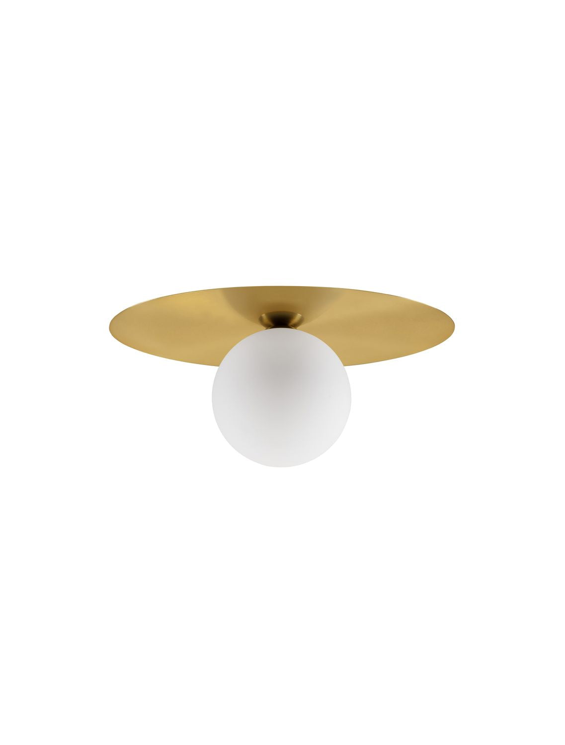 Produit isolé sur fond blanc, disque laiton brossé et globe blanc