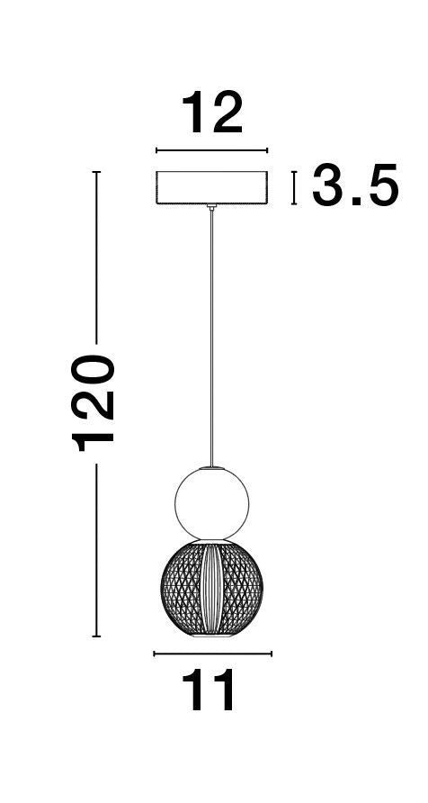 Schéma coté du luminaire : hauteur totale 120 cm, largeur 11 cm
