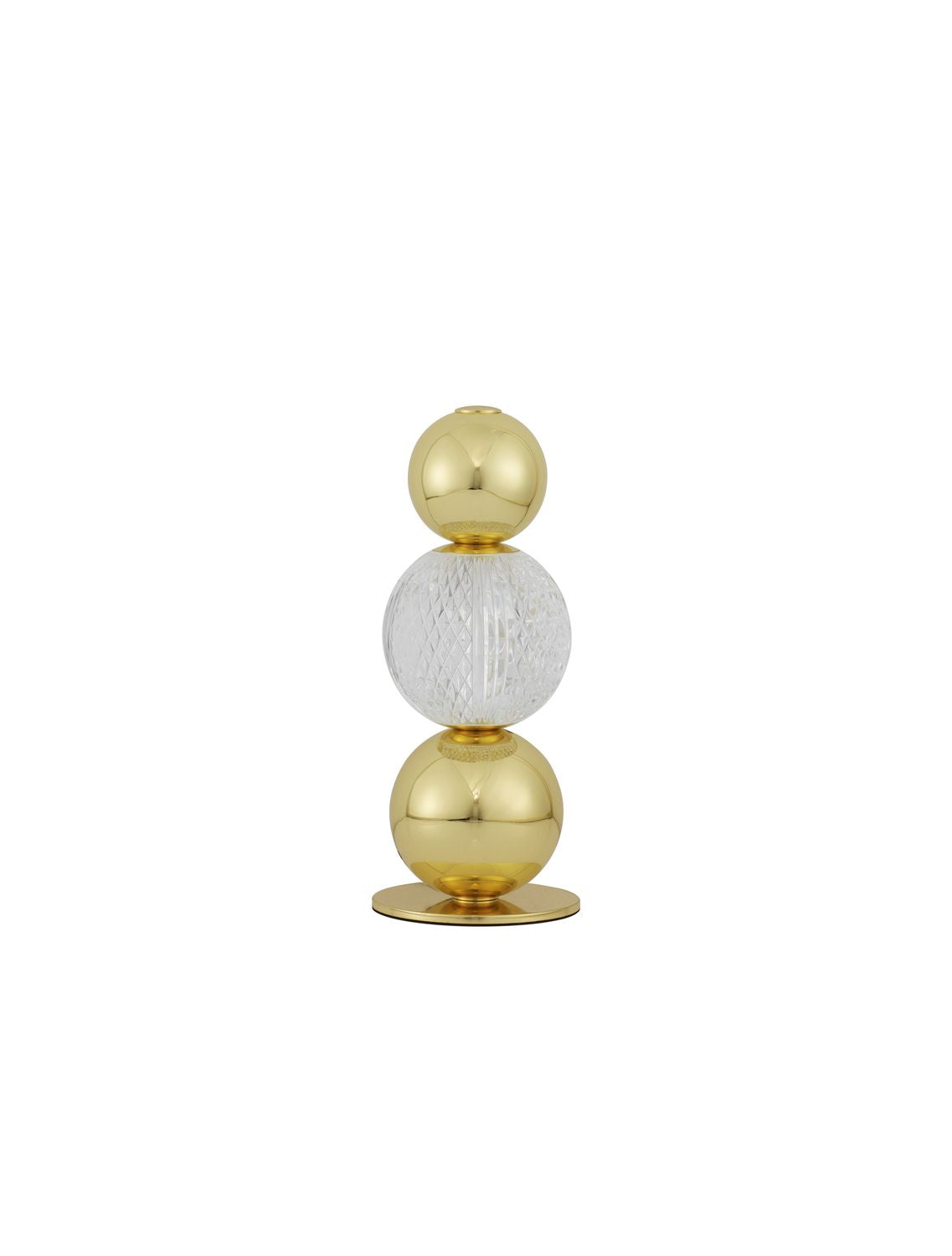 Lampe à poser dorée de face, trois sphères empilées sur socle doré plat