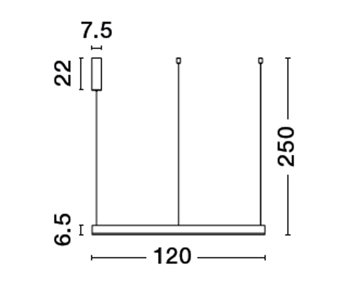 Schéma coté : diamètre 120 cm, hauteur totale 250 cm, rosace 7,5 cm