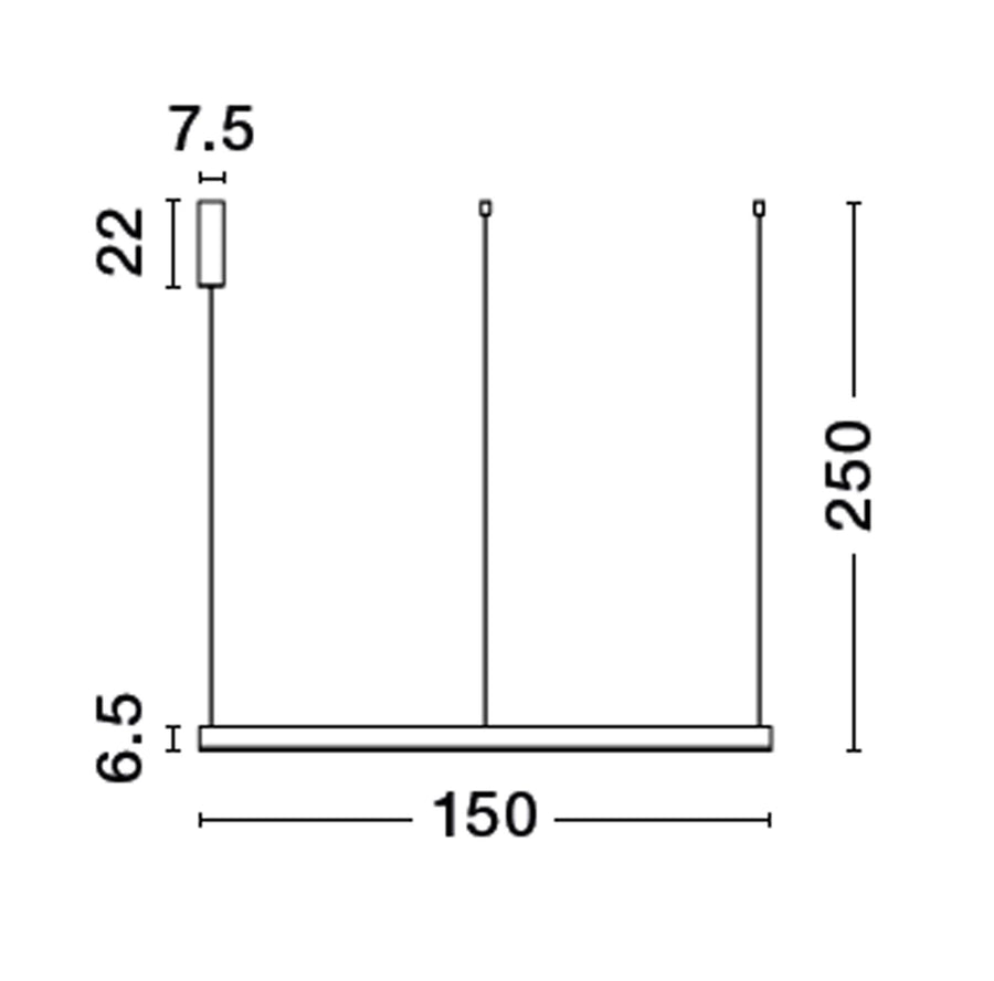 Schéma coté indiquant 250 cm de hauteur, 150 cm de diamètre et 6,5 cm