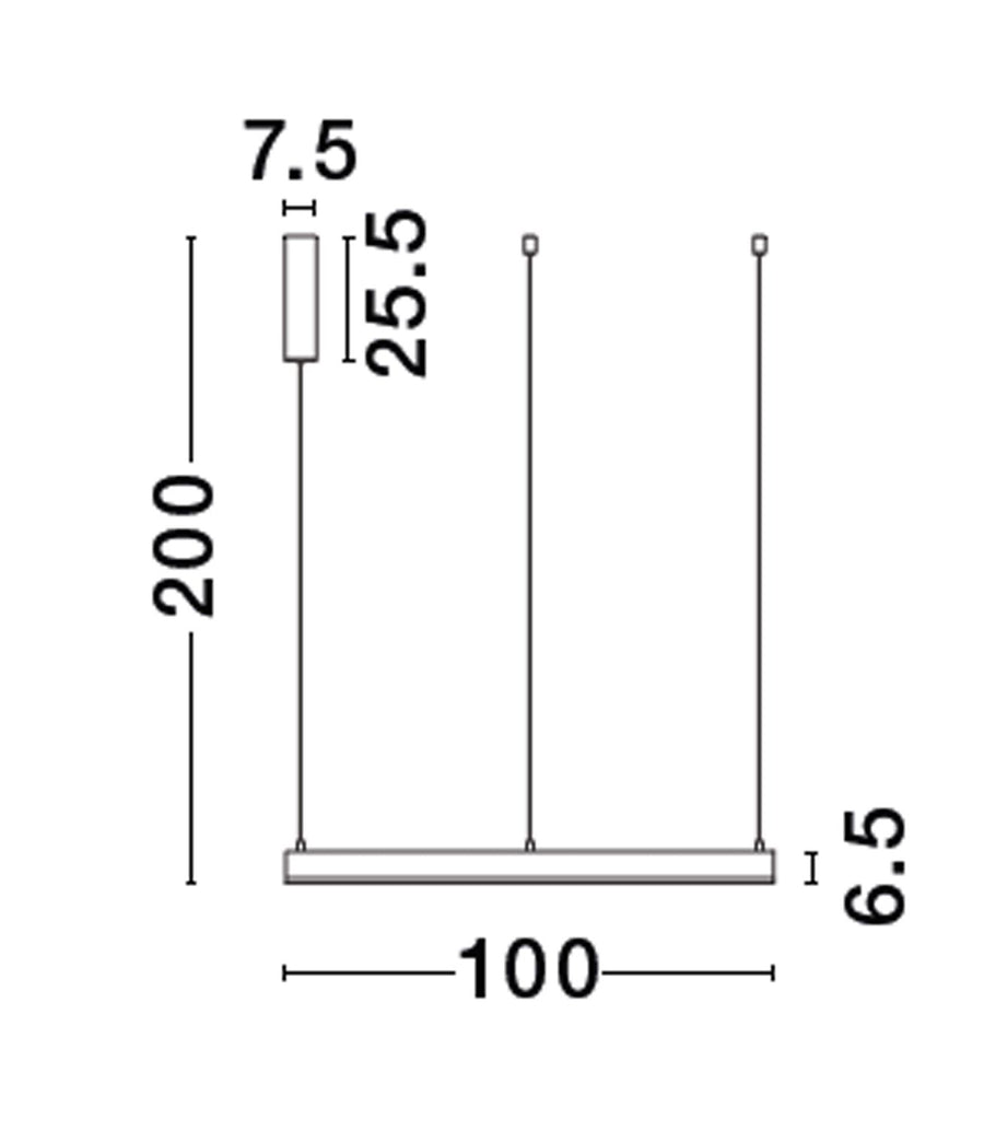 Schéma coté du luminaire : hauteur totale 200 cm, diamètre anneau 100 cm
