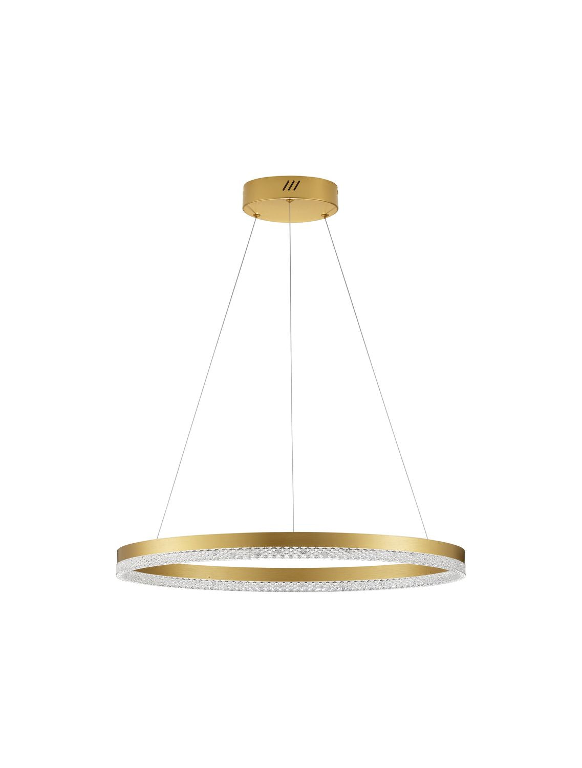 Vue du luminaire suspendu sur fond blanc, anneau doré et verre texturé, câbles fins.