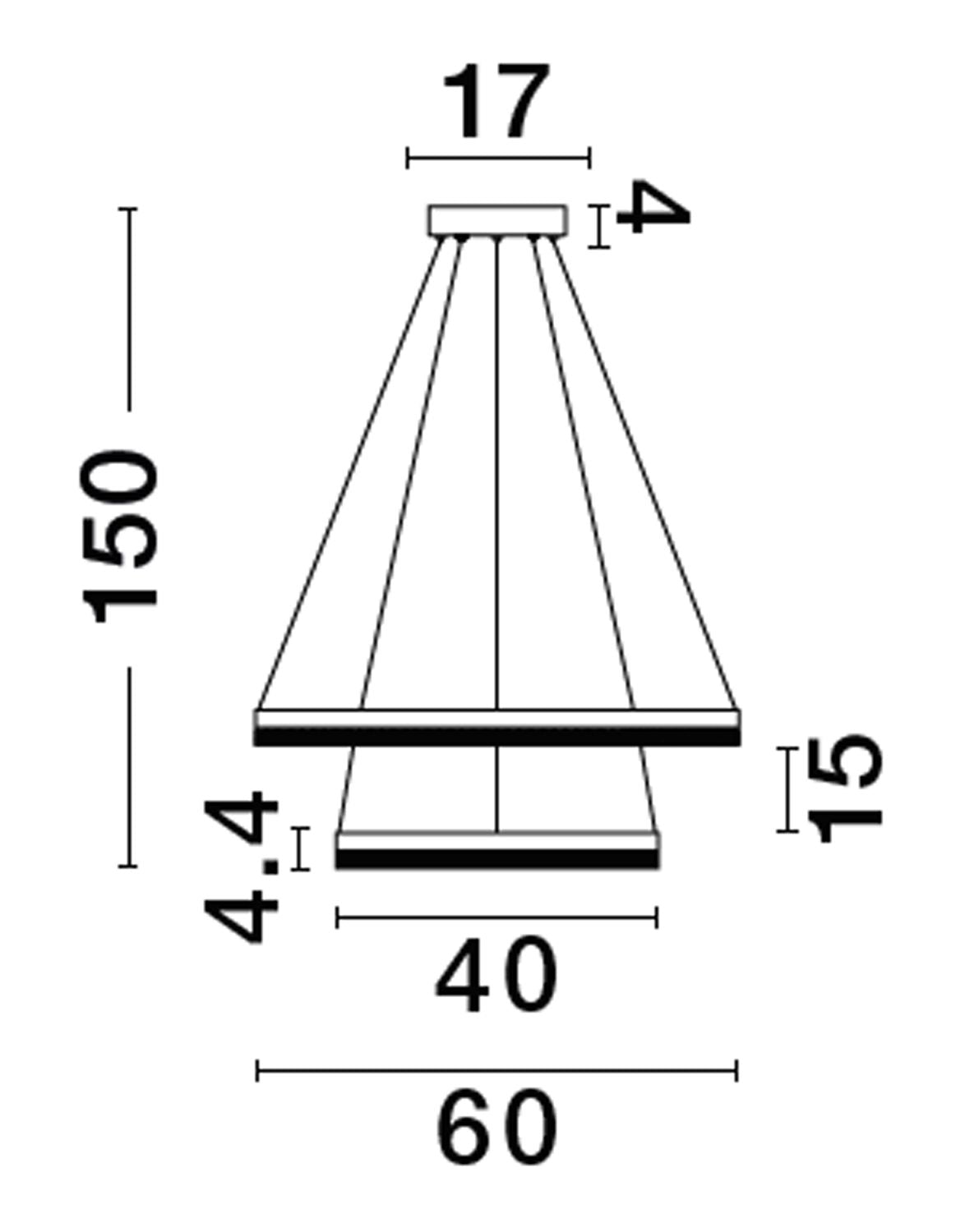 Schéma coté de la suspension : hauteur 150 cm, anneaux de 60 et 40 cm.