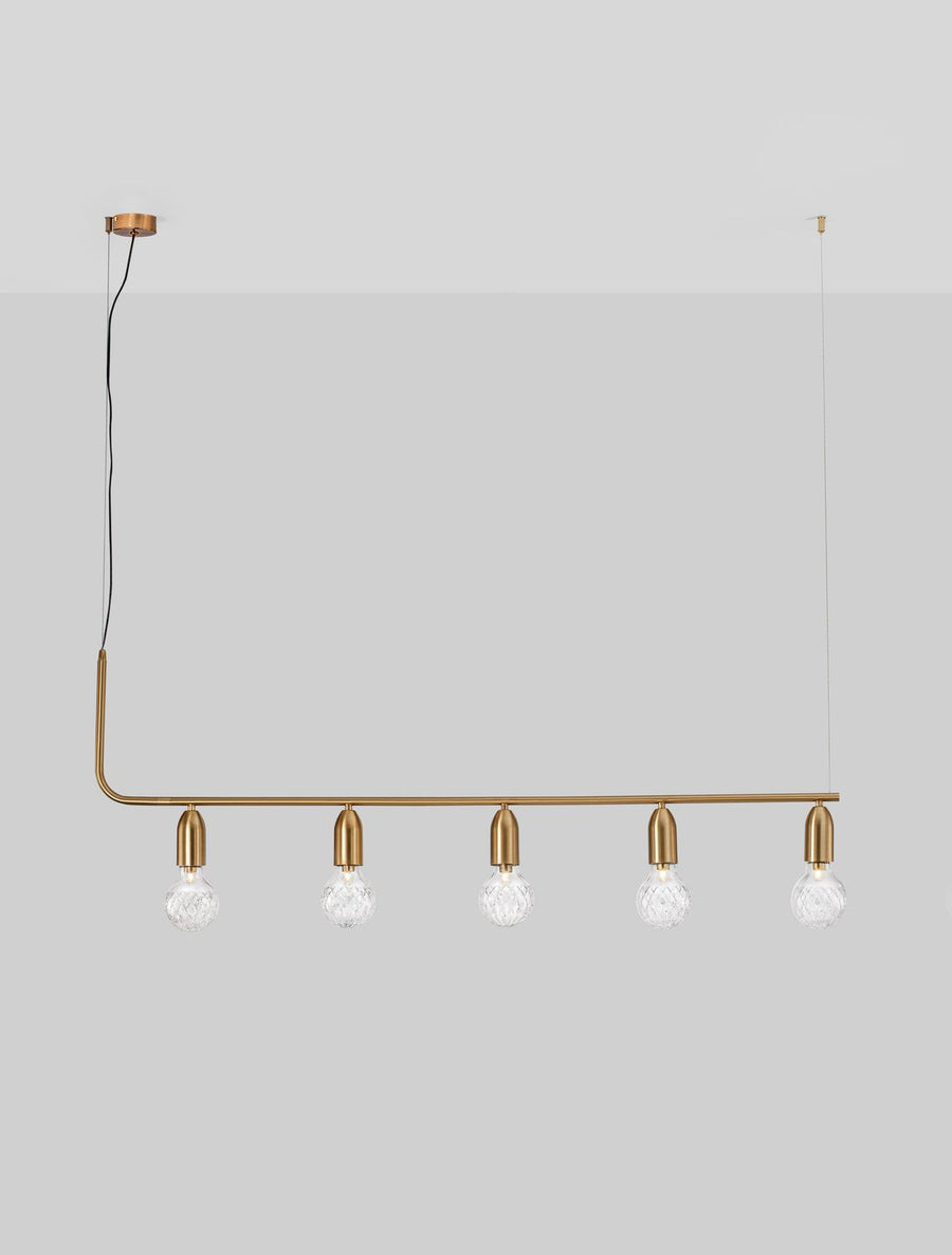 Suspension Veda 5 lumières laiton, verre, L 128 cm