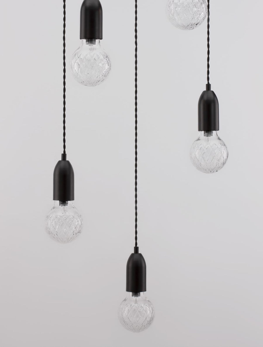 Suspension Veda 5 lumières noire, verre, H 150 cm