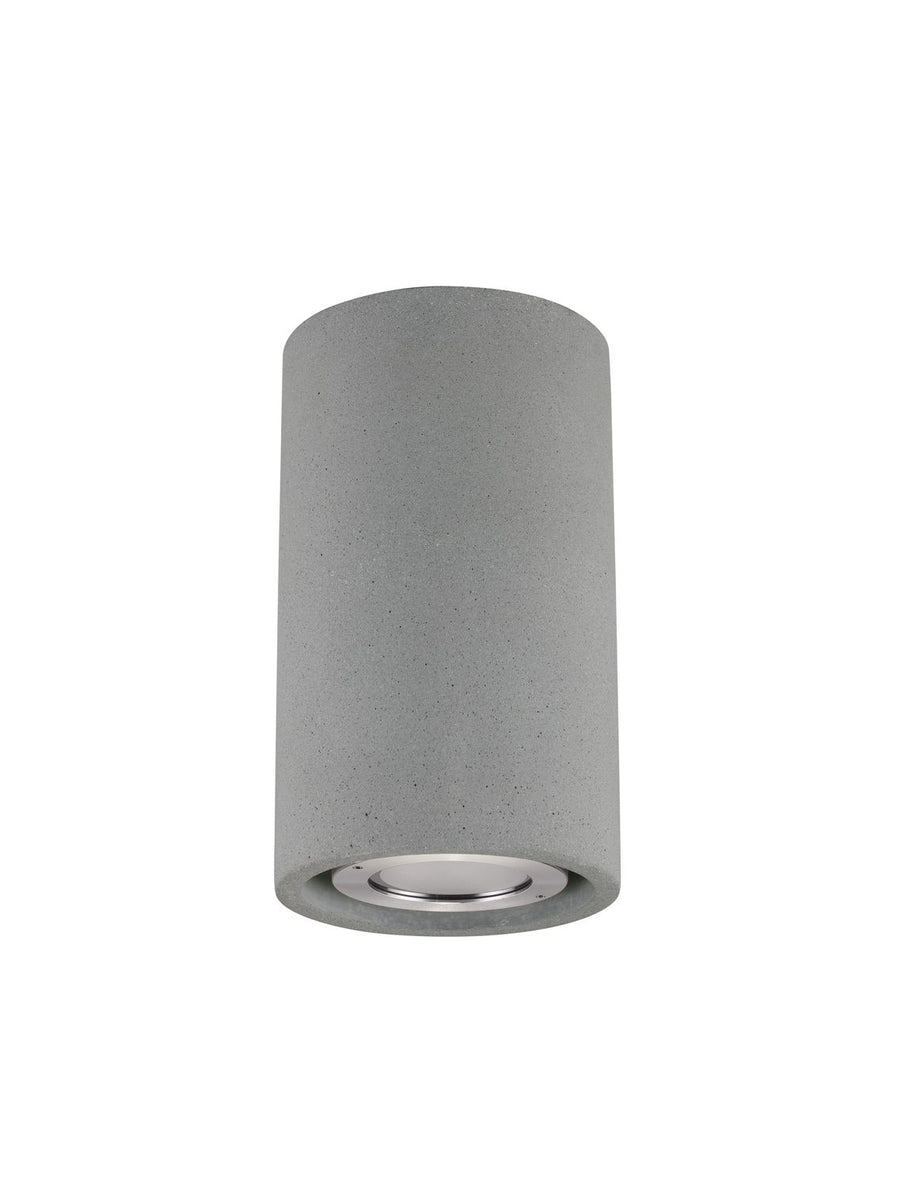 Vue de face sur fond blanc du luminaire cylindrique gris avec diffuseur en verre.