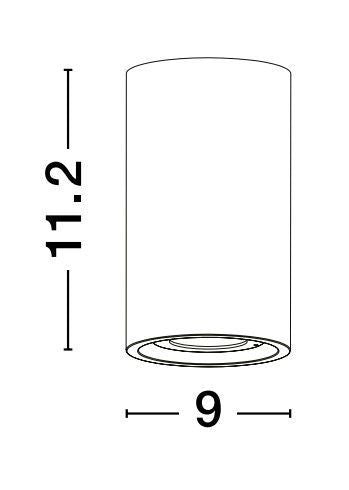 Schéma coté du luminaire cylindrique : hauteur 11,2 cm et diamètre 9 cm.