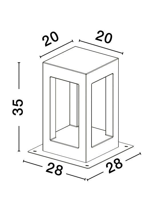 Schéma coté : 20 cm de côté, 35 cm de haut, base 28 cm.