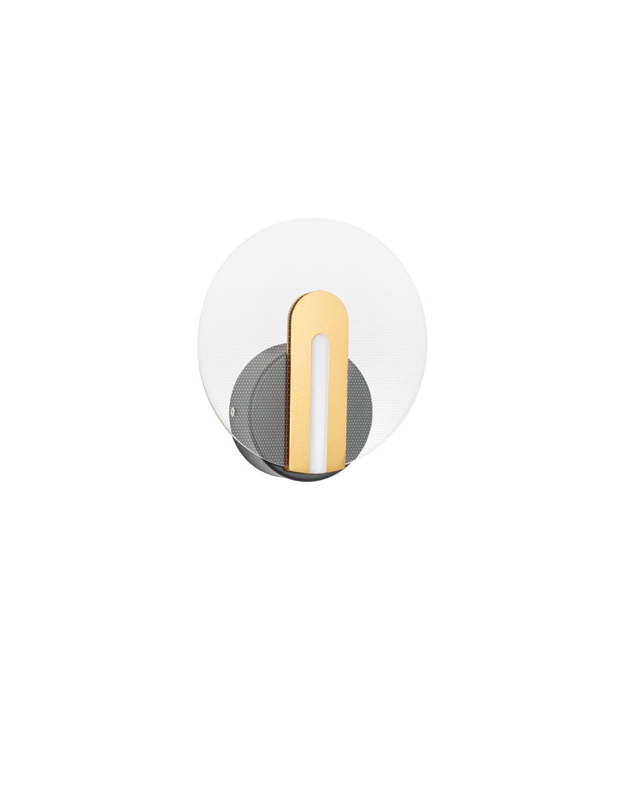 Vue de face du luminaire rond avec diffuseur perforé et barre centrale dorée.
