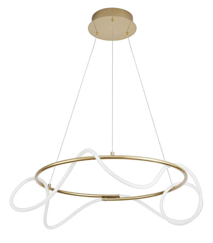 Vue de face du luminaire sur fond blanc avec sa base de plafond dorée
