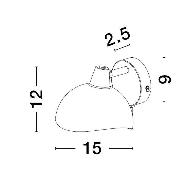 Schéma coté du luminaire : hauteur douze, largeur quinze et base neuf centimètres