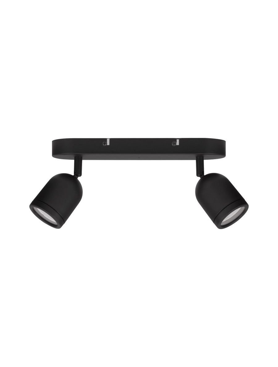 Produit de face sur fond blanc, deux spots orientables noirs et base plate