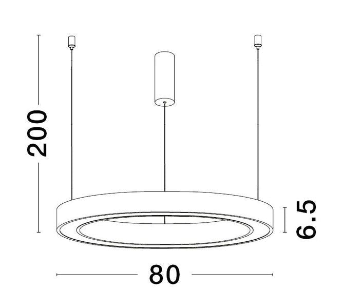 Schéma coté indiquant 80 cm de diamètre, 6,5 cm d'épaisseur et 200 cm de câble
