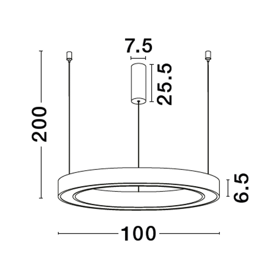 Schéma coté du luminaire : diamètre 100 cm, hauteur 6,5 cm et suspension 200 cm