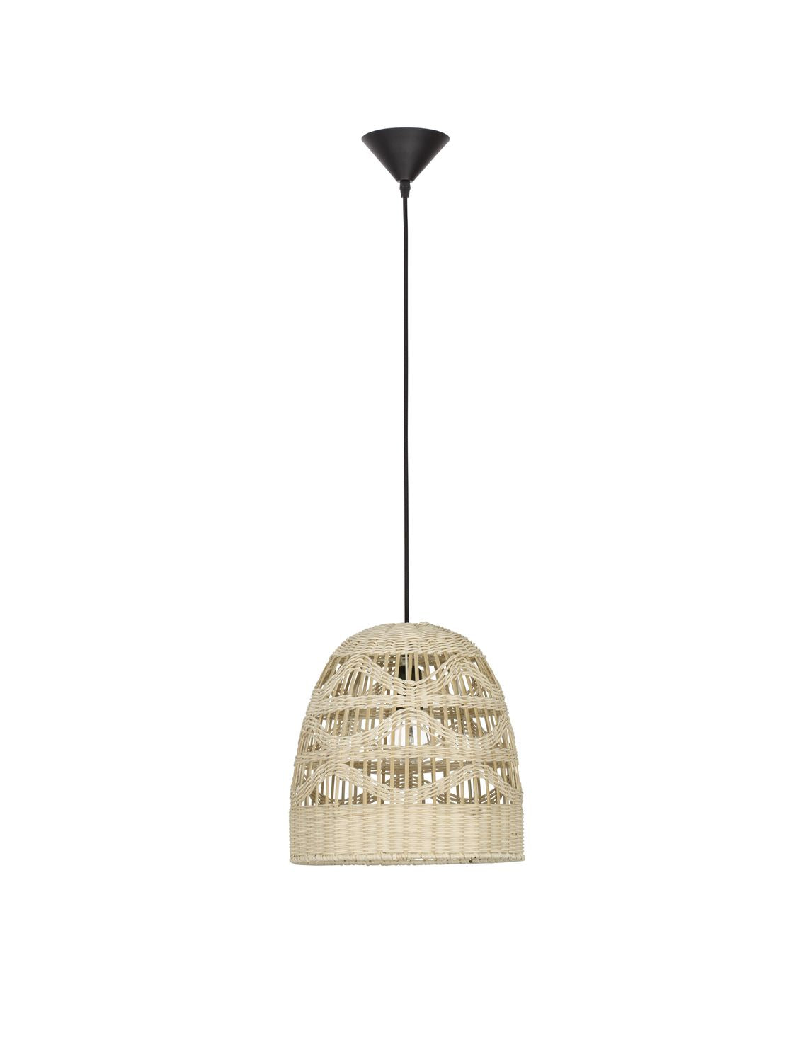 Vue de face centrée du luminaire suspendu avec abat-jour rotin beige.
