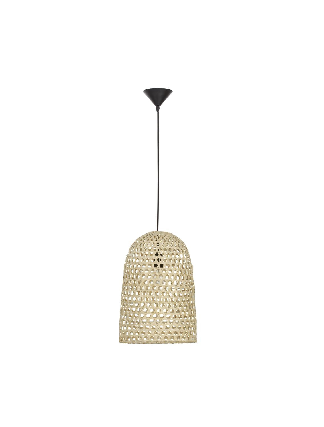 Vue de face du luminaire beige sur fond blanc, câble noir