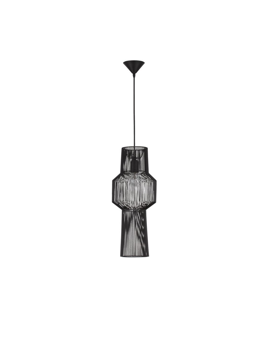 Vue de face du luminaire noir sur fond blanc, câble et rosace