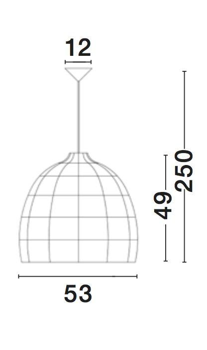 Schéma technique coté de la suspension : diamètre 53 cm et hauteur 49 cm.