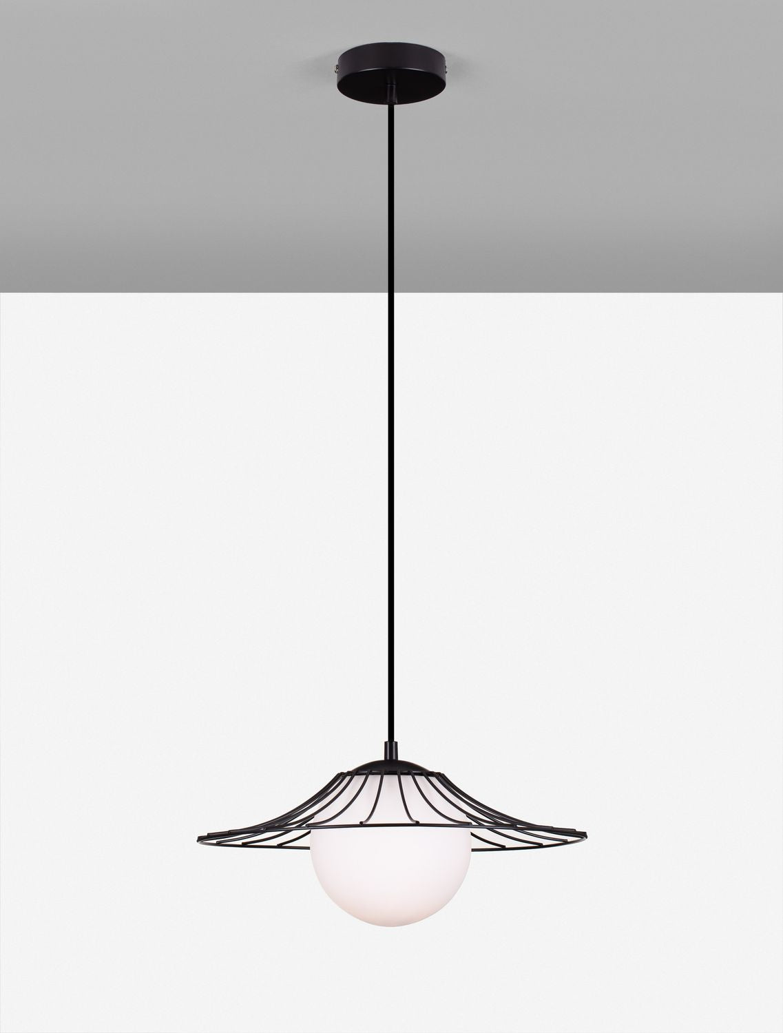 Le luminaire suspendu présenté sur fond blanc, structure et globe bien visibles