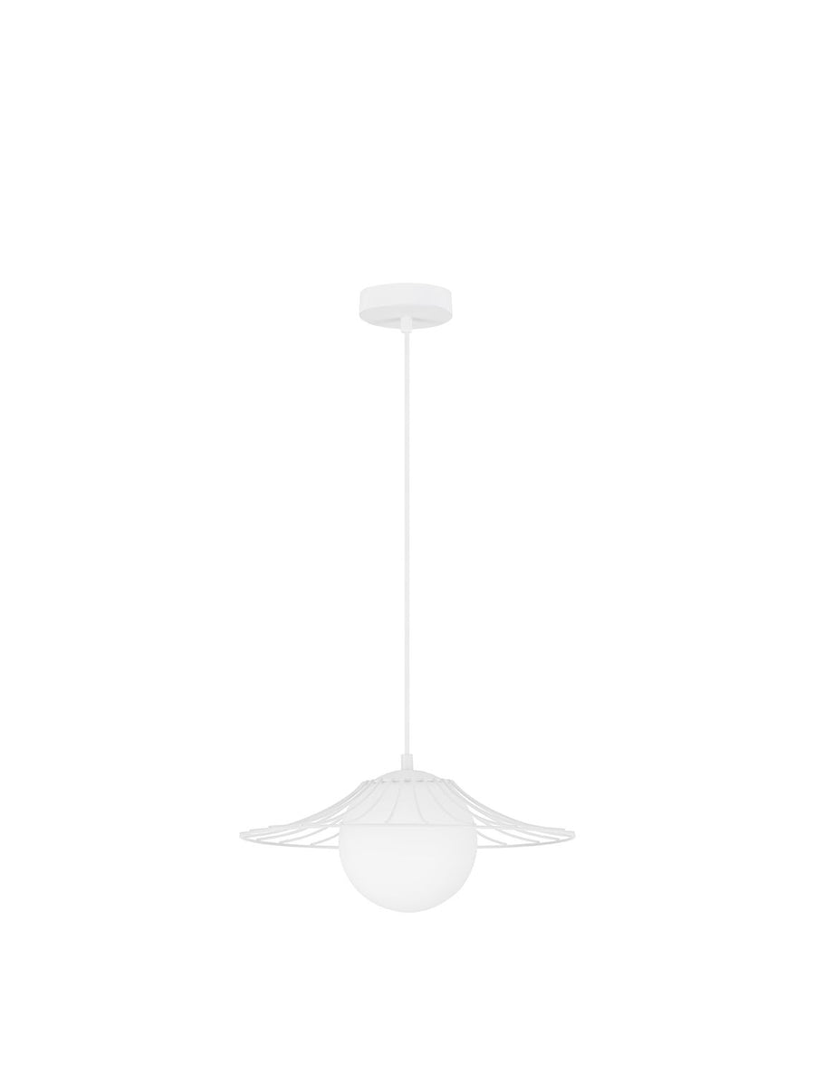 Vue de face du luminaire suspendu blanc sur fond neutre