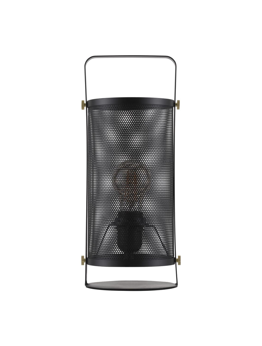 Vue de face du luminaire sur fond blanc, abat-jour cylindrique en métal perforé noir