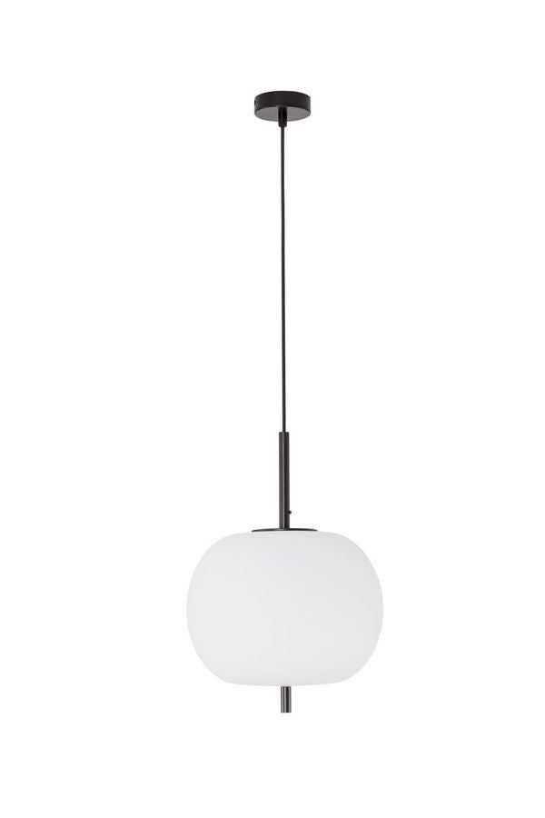 Vue de face du luminaire entier sur fond blanc, câble et rosace visibles
