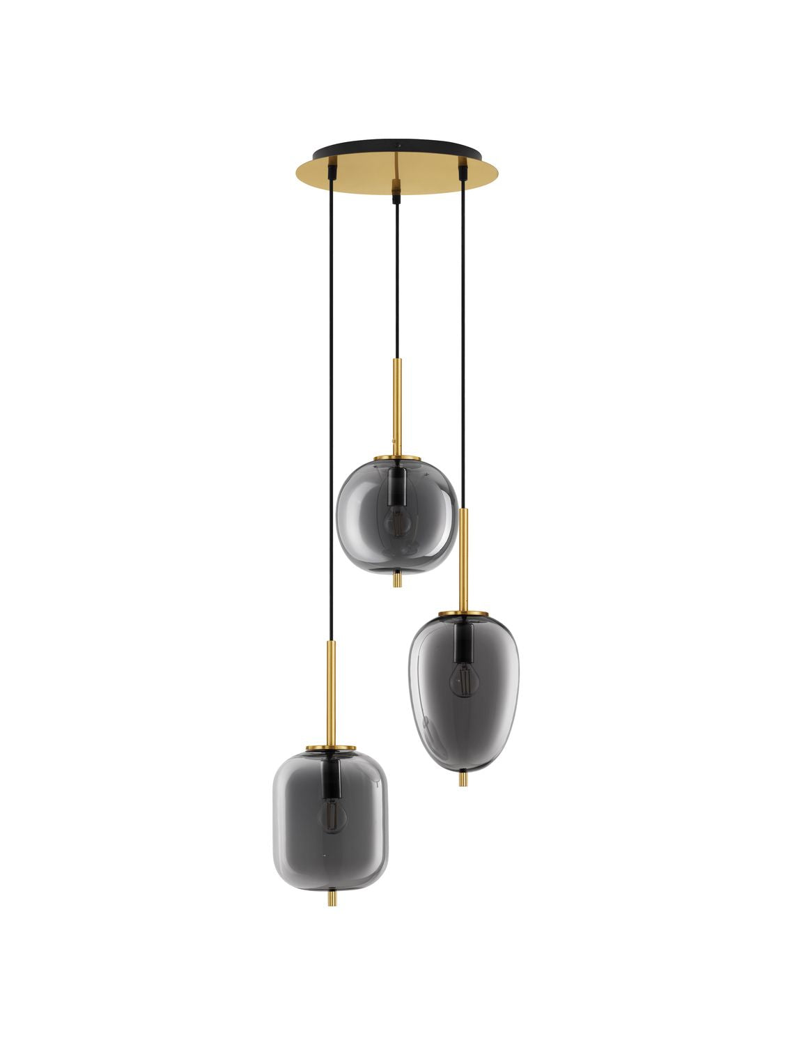 Vue de face du luminaire sur fond blanc, trois abat-jours en verre et câbles noirs
