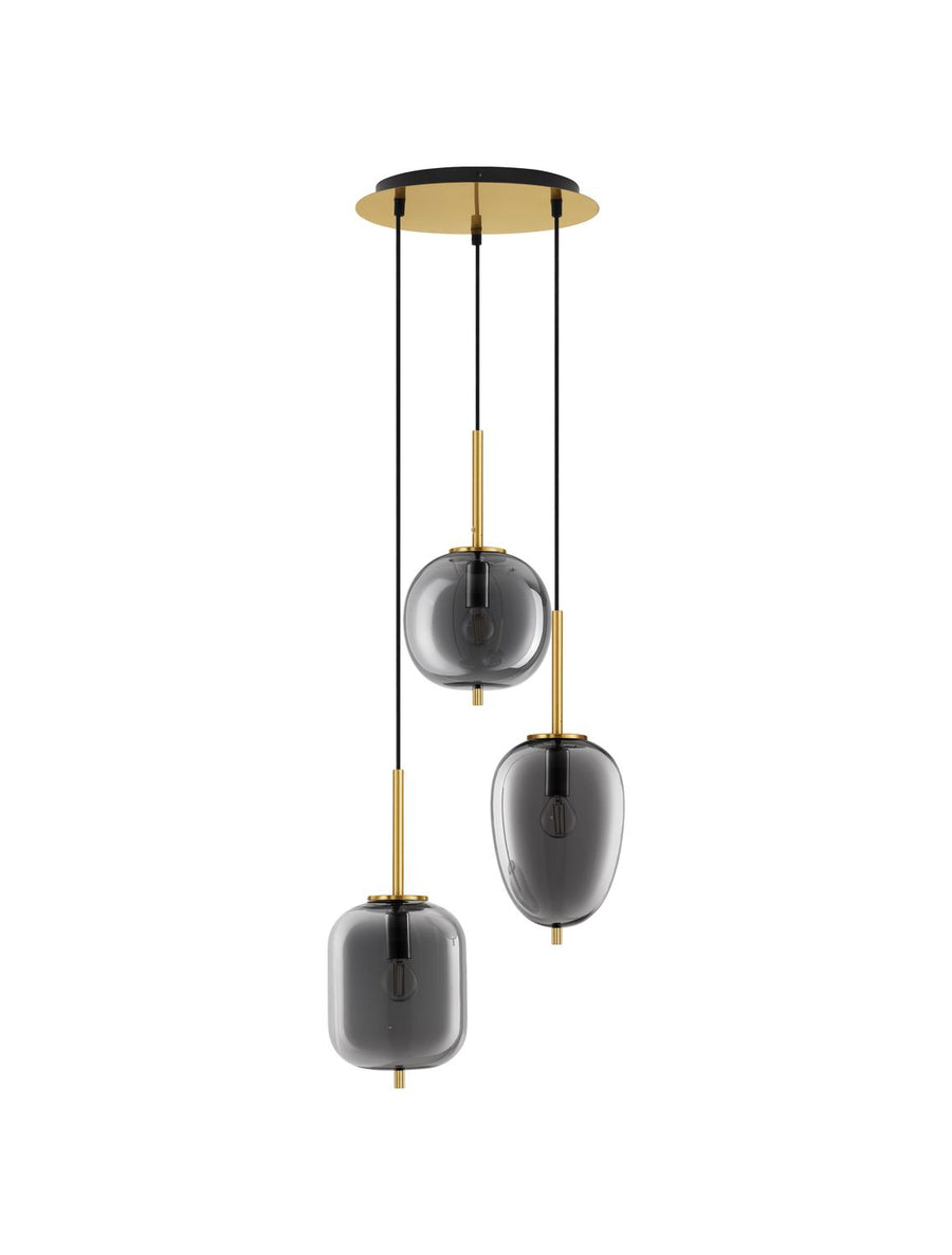 Vue de face du luminaire sur fond blanc, trois abat-jours en verre et câbles noirs