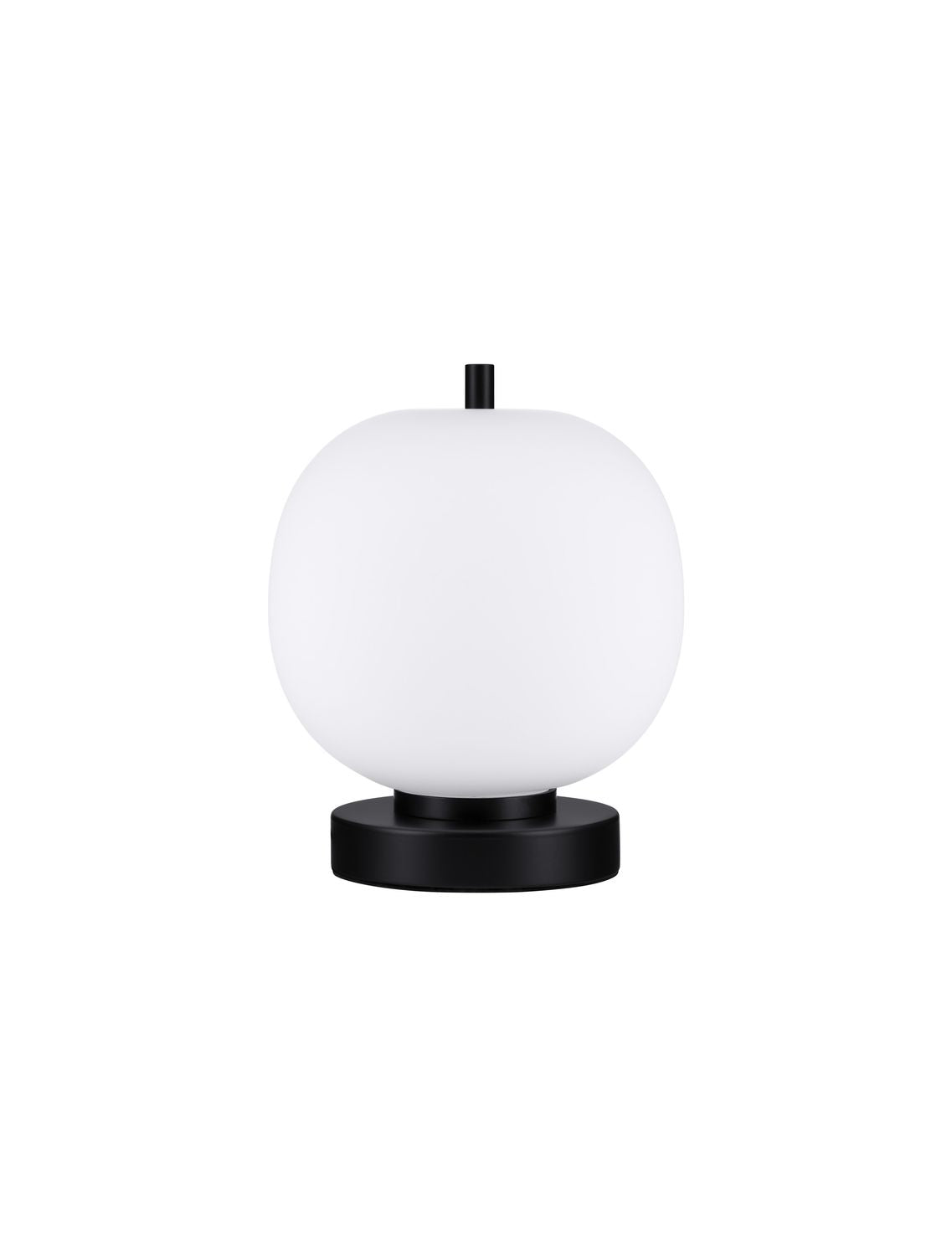 Lampe à poser de face sur fond blanc, globe en verre opalin et socle noir