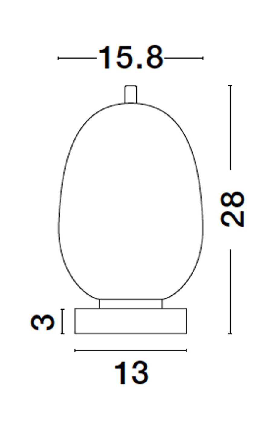 Schéma coté de la lampe : 28 cm de hauteur, 15,8 cm de largeur